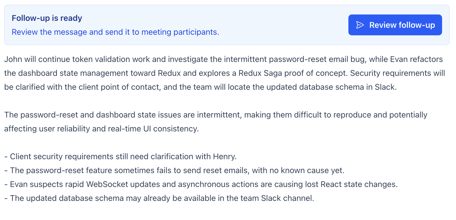 AI Meeting Assistant meeting page with follow-up ready