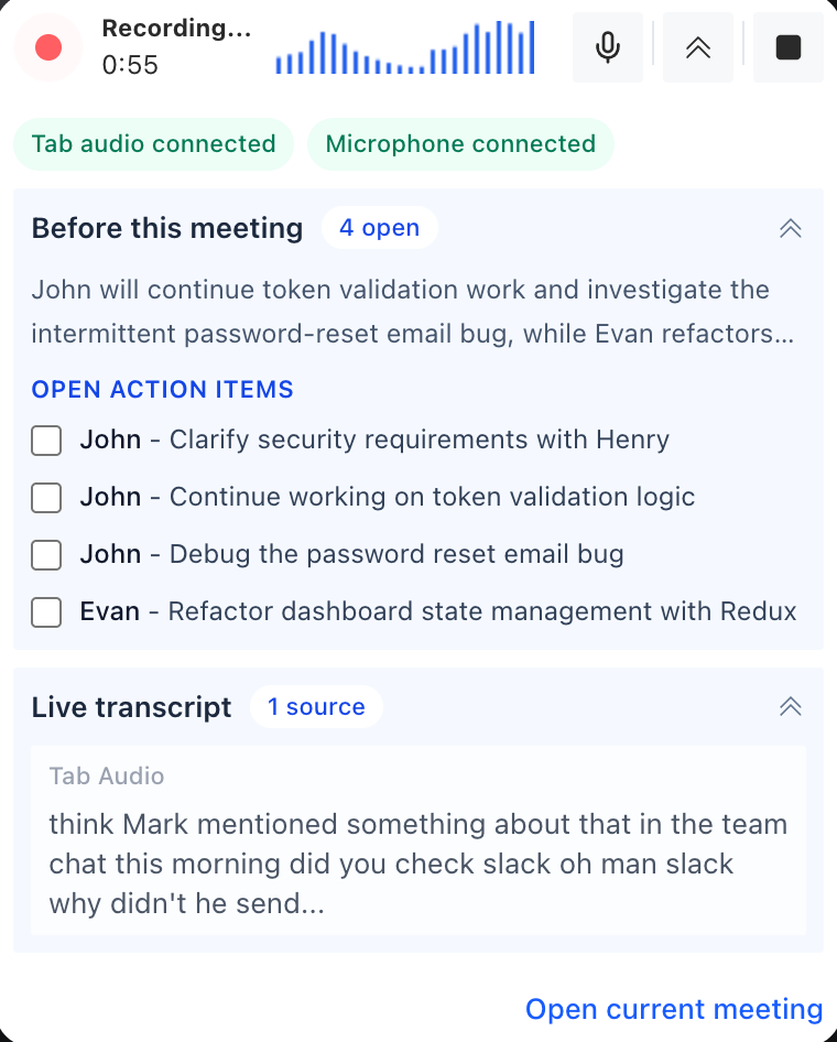 AI Meeting Assistant live recording widget with summary and action items